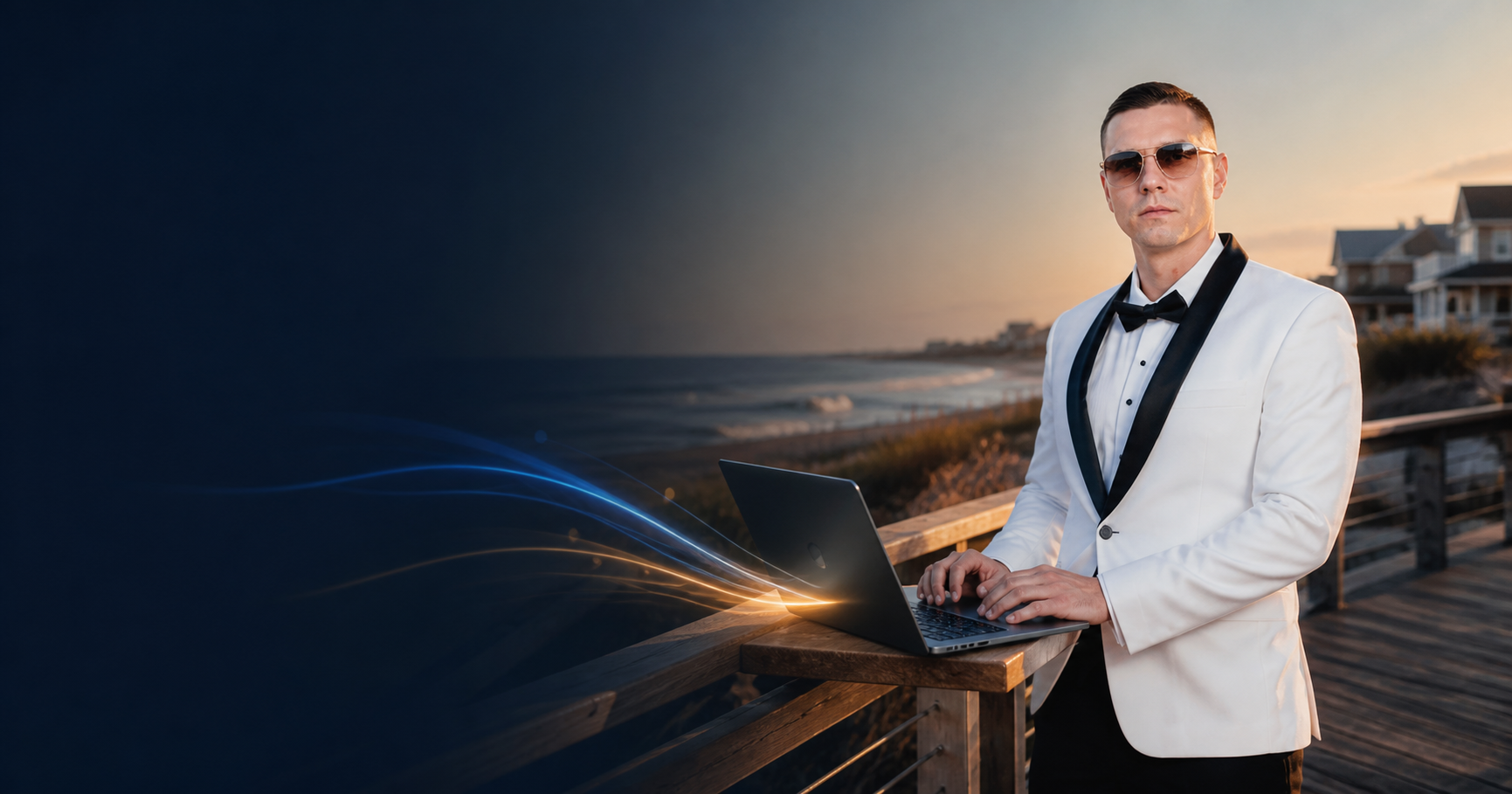 Nicholas DaSilva in a white suit presenting a laptop on a New Jersey shore boardwalk